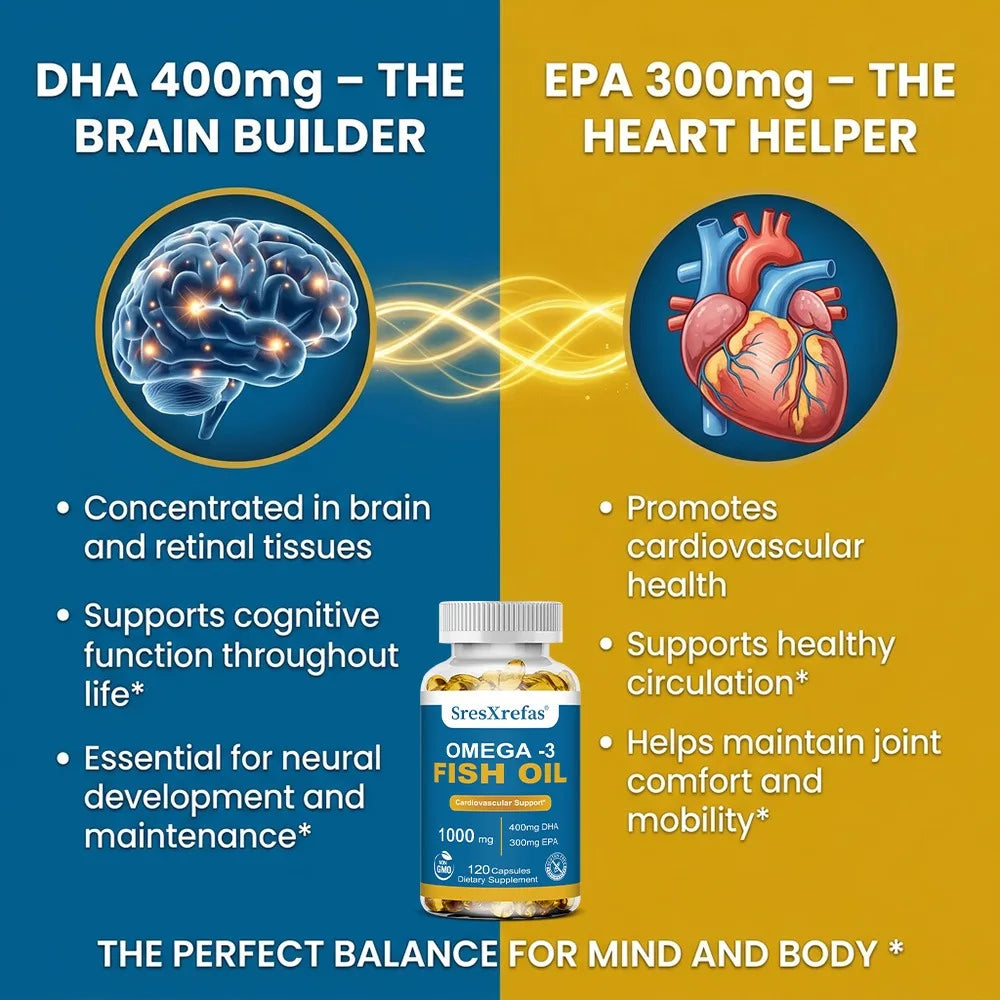 Fish Oil 1000 Mg  | Omega 3 + EPA & DHA | Brain Heart Joints Skin and Immune Support | 120 Count Non-GMO Softgels Supplements