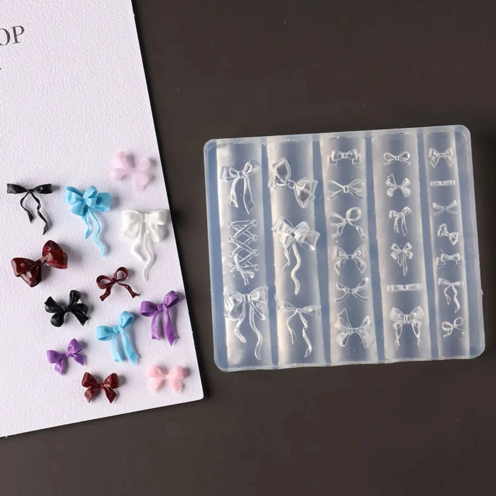 3D Bowknot Silicone Nail Mold Ballet Ribbon Tie Nail Charms Transparent Nails Template Carving Bowtie Manicure Stencil Tool
