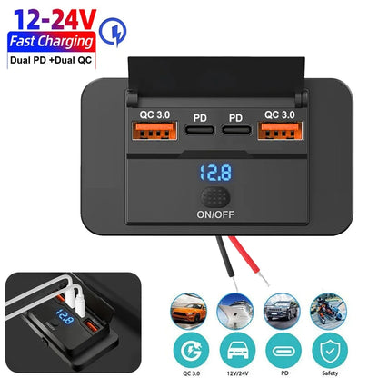 Car Charger Socket Adapter with Switch, 2-4-Ports Charging Splitter, Outlet for Bus, RV, ATV,Truck,Boat,Outlet,12V,24V, PD,QC3.0