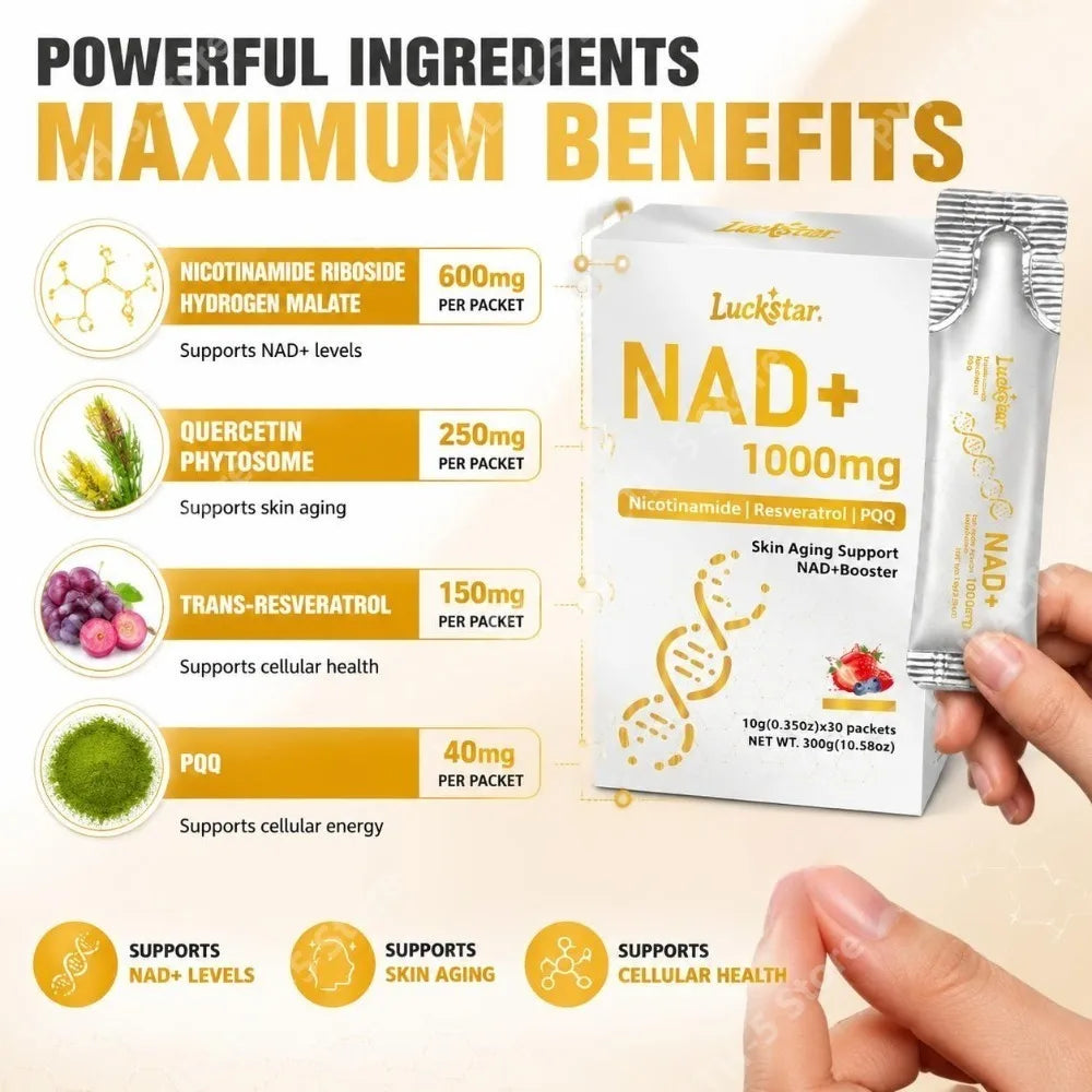 Luckstar NAD+ Supplement 1000mg NAD+ Level Support Skin Aging Support Nicotinamide Riboside Trans-Resveratrol PQQ Plus 30 CT