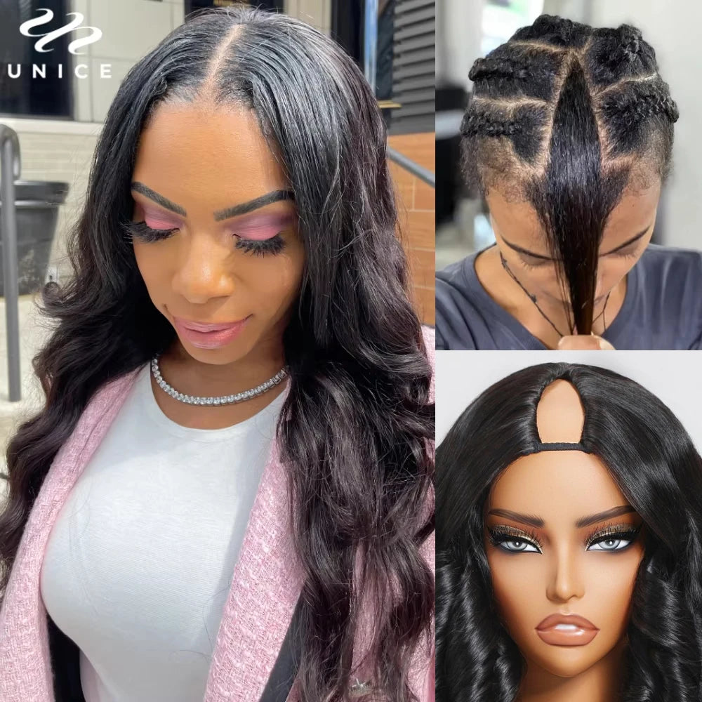 UNice Hair 180% Density Body Wave V Part Wig With Drawstring 100% Human Hair Real Scalp Upgrade U Part Wig Fit For All Sizes