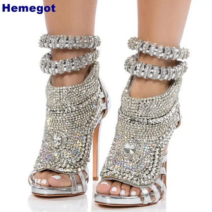 New Ladies Luxury Gem Crystal Bling Sandals Summer Sexy Open Toe Fashion Rhinestone Sandals Party Dress Catwalk Thin High Heels