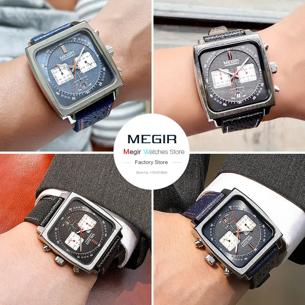 MEGIR Square Dial Chronograph Quartz Watches for Men Fashion Blue Leather Strap Casual Sport Wristwatch with Date 24-hour 2182