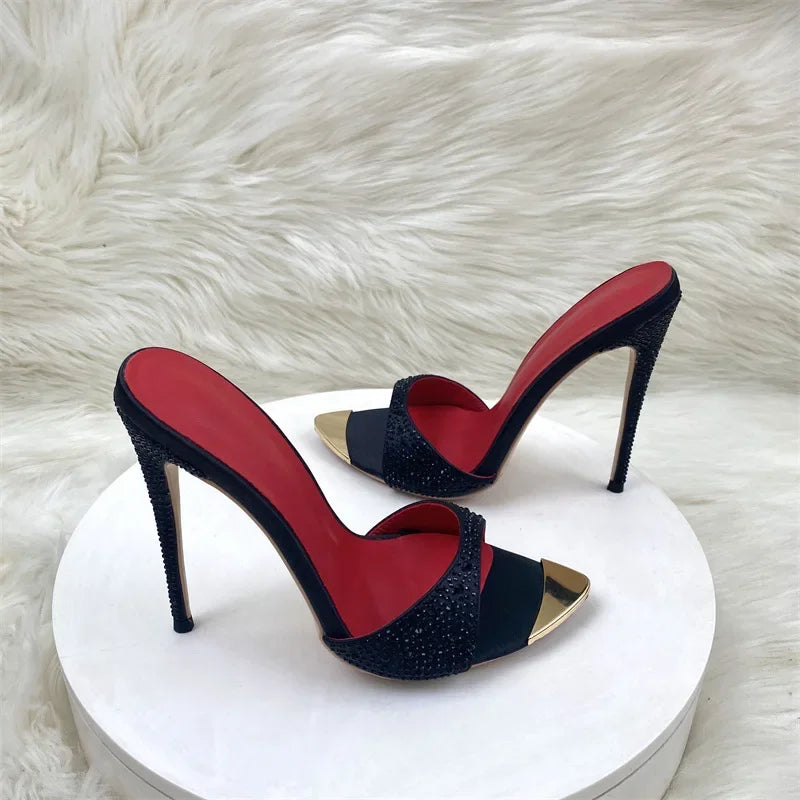 Crystal Black Shiny Fashion Women Sandals Slip on 12cm High Heels Slides Wedding Sexy Shoes Woman Slippers Plus Size 33-45