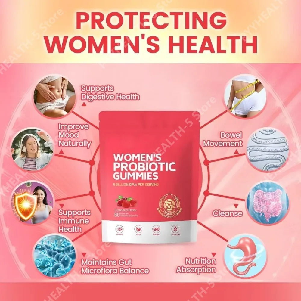 Women Probiotic Gummies with Prebiotic Fiber 5 Billion CFU Support Gut Digestive Balance Immune Defense Women PH Wellness 60 Ct