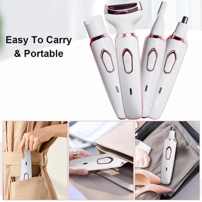 Epilator for Women 4 in 1 Hair Removal Painless Electric Razor Lady Shaver Eyebrow Nose Ear Face Body for Armpit Bikini Portable