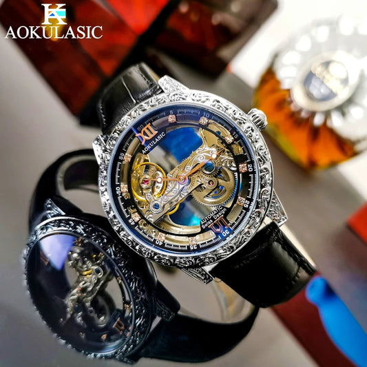 AOKULASIC Luxury Leather Men Automatic Machinery Watch Retro Dial Design Double-Sided Hollow Out Tourbillon Waterproof Men Watch
