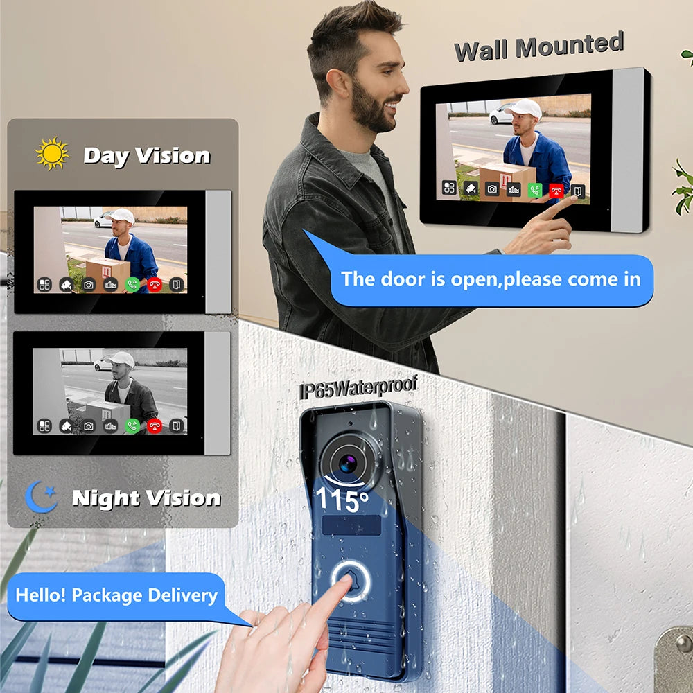 2-Wire Digital Video Intercom System 7 Inch Wireless WIFI APP Monitor 1080P Doorphone Camera Video Doorbell Card work with tuya