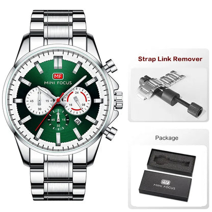 MINI FOCUS Chronograph Quartz Watch Men Silver Blue Waterproof Luminous Dress Wristwatch with Date Stainless Steel Strap 0469