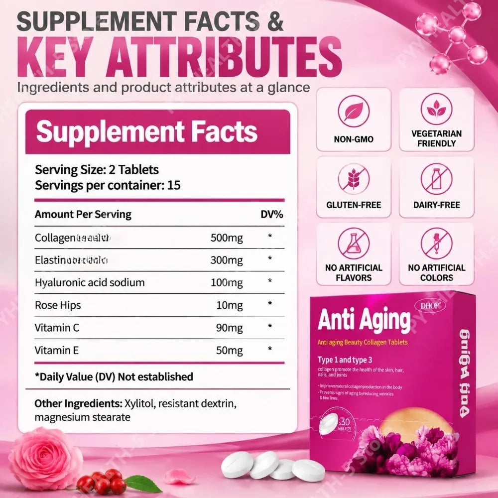 Collagen Tablets with Hyaluronic Acid Sodium Vitamins C and E Support Skin, Hair, Nails, and Joint Health 30 Tablets