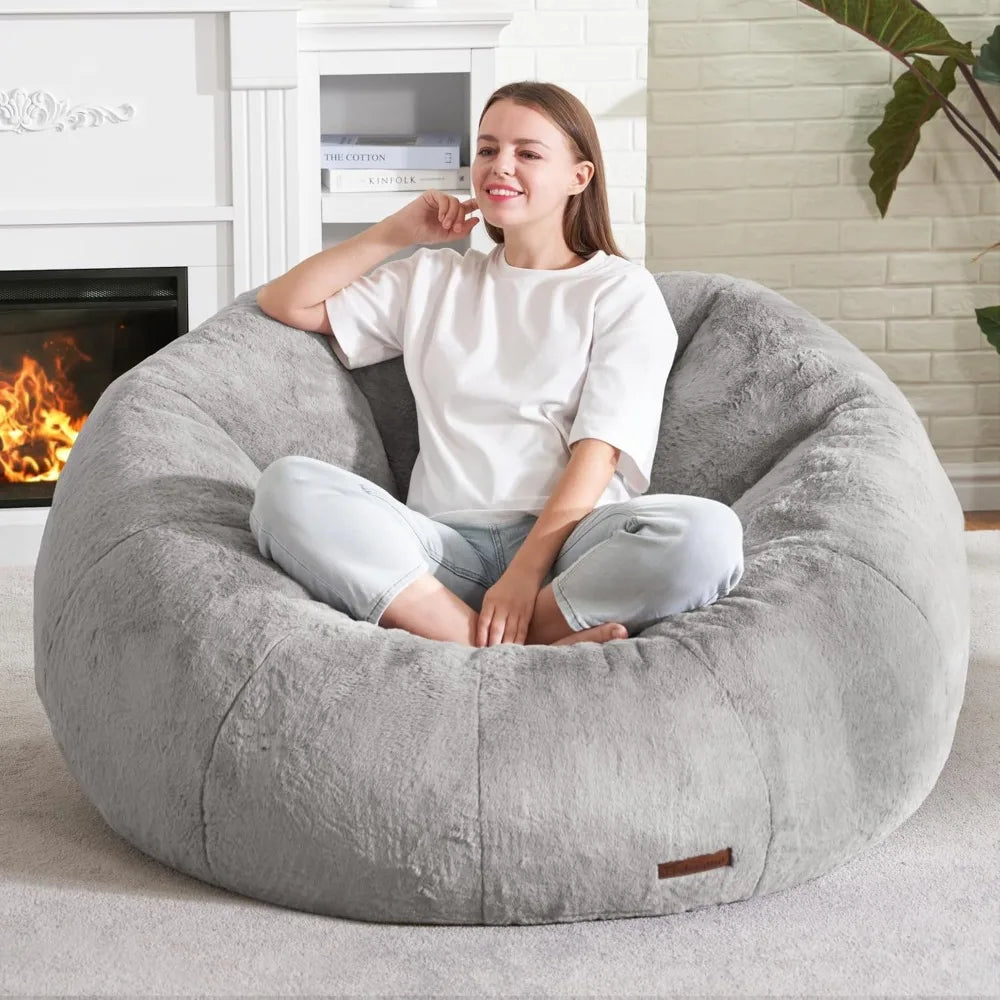 Large Bean Bag Chair for Adults, Donut-Shaped Couch with Memory Foam, Soft Faux Fur, Spacious Design for Reading & Relaxing, Grey