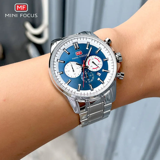MINI FOCUS Chronograph Quartz Watch Men Silver Blue Waterproof Luminous Dress Wristwatch with Date Stainless Steel Strap 0469