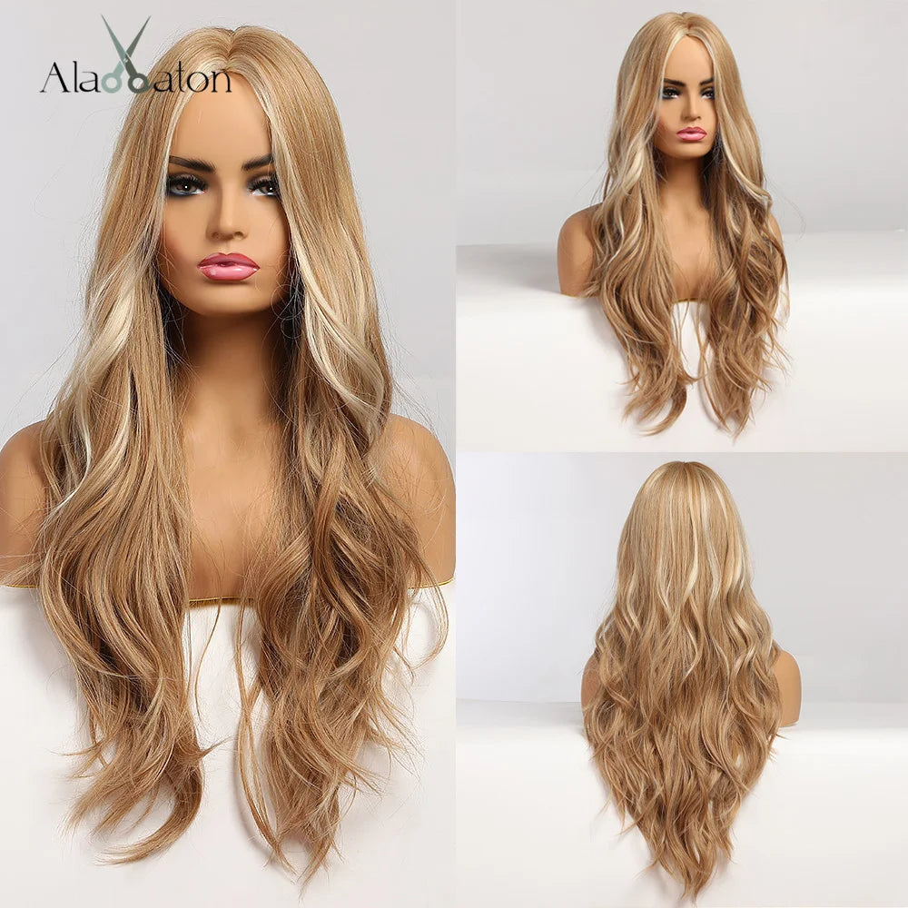 ALAN EATON Long Curly Wavy Synthetic Wigs for Women Brown to Blonde Ombre Hair Wig Ntural Middle Parted Party Wig Heat Resistant