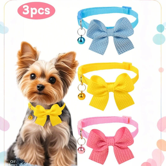 New Waffle Bow Pet Collar Simple Cute Cat Collar Adjustable Yorkshire Chihuahua Small Dog Collar All-match Pet Accessories - Merit Sell