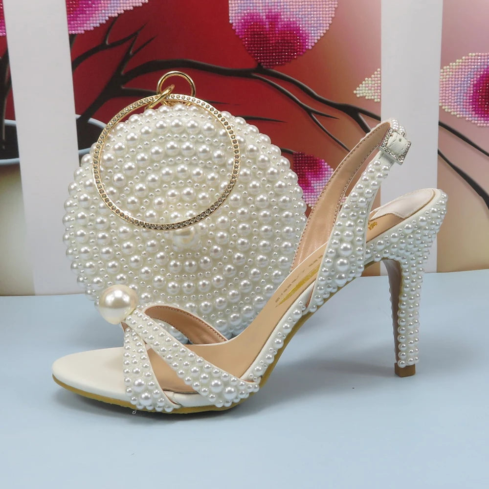 2024 New Arrival Customized White Female Sandals Bridal shoe bag set woman Thin Heel Big Pearl Girls fashion Sandals party Shoes