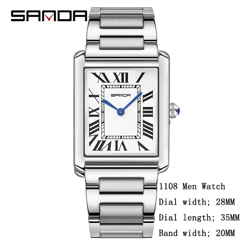 SANDA Men Women Rectangular Quartz Wrist Watches for Casual Ladies Stainless Watches Luxury Leather Lovers Gift Box Clock