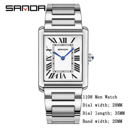 SANDA Men Women Rectangular Quartz Wrist Watches for Casual Ladies Stainless Watches Luxury Leather Lovers Gift Box Clock