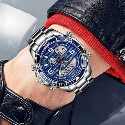 Luxury Man Watch LED Dual Display Luminous Calendar Week Mens Watch Waterproof Stainless Steel Chronograph Quartz Men Watches