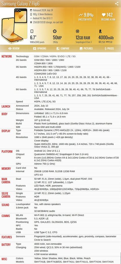 Samsung Galaxy Z Flip 6 Z Flip6 5G F741B F741U1 F741N 6.7" 12GB 256/512GB NFC Snapdragon Original Foldable 99% New Cell Phone - Merit Sell