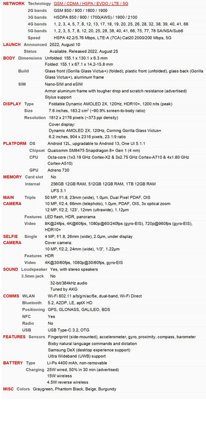 Samsung Galaxy Z Fold 4 Fold4 5G F936B F936N F936U1 7.6" AMOLED 12GB RAM 256/512GB ROM Snapdragon NFC 99% New Cell Phone - Merit Sell