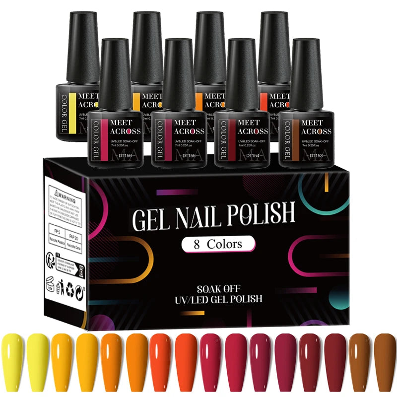 MEET ACROSS 8Pcs/Set Red Pink Gel Nail Polish Spring Colorful Laser Nail Art Gel Varnish Nail Supplies Manicure For Nails