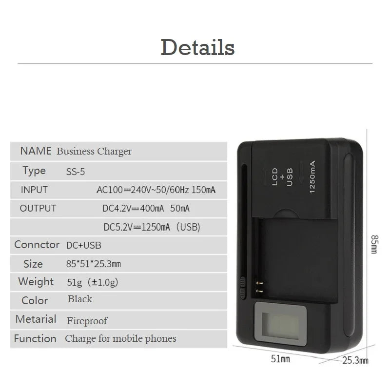 Mobile Battery Charger Universal LCD Indicator Screen USB-Port For Cell Phone Chargers 32-55mm Battery Charging US UK EU Plug