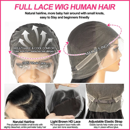 Straight 250 Density Real Full Lace Human Hair Wig Brazilian Pre Plucked 360 HD Full Lace Invisible Strap Snug Fit Wig For Women