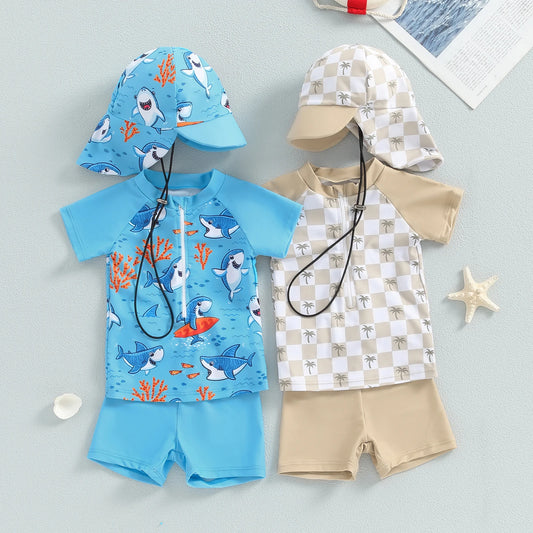 Toddler Baby Boys 3Pcs Swimsuits Rash Guard Beachwear Shark Print Long Sleeve Zip Up Tops+Swim Trunks with Cap Bathing Suit