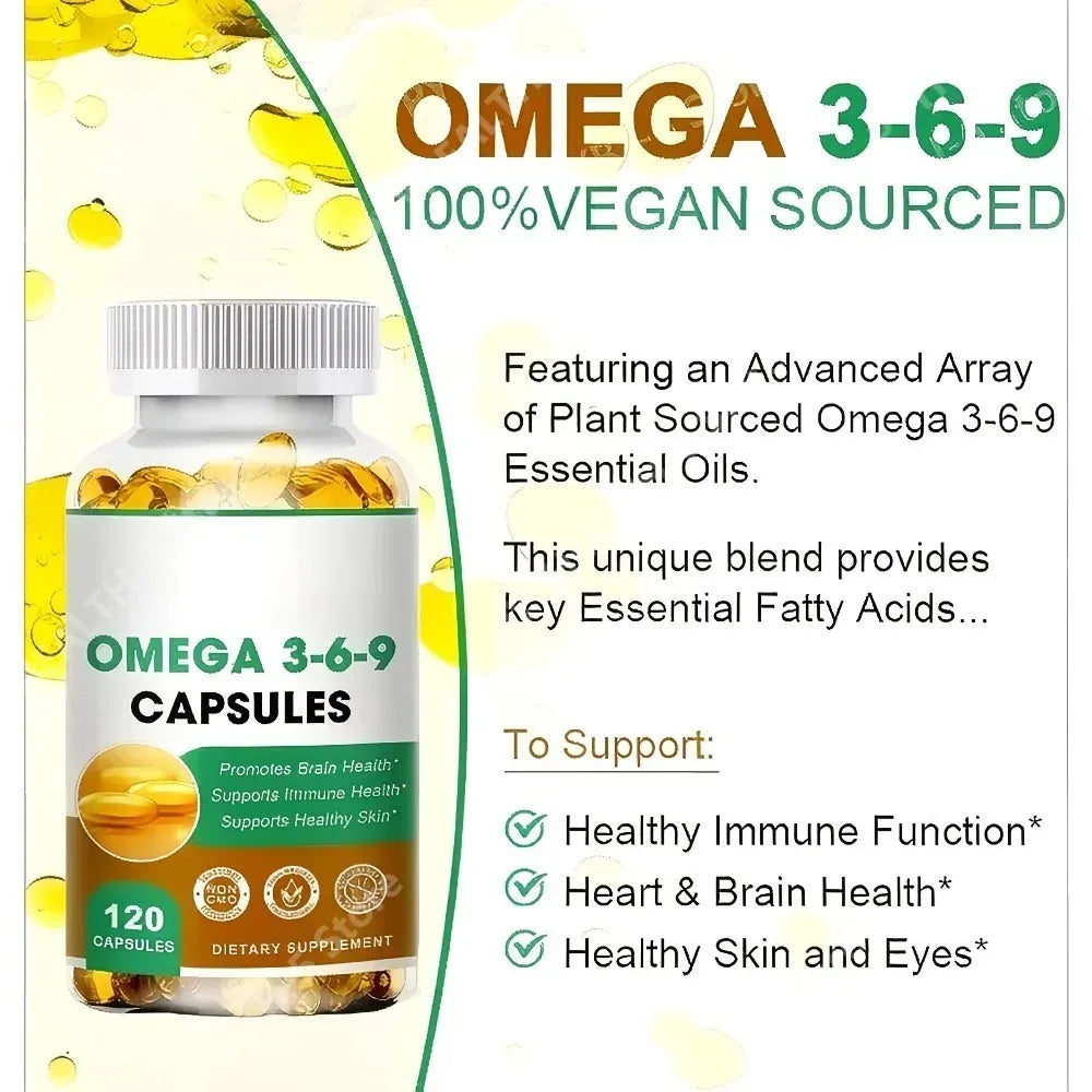 Plant-Based Omega 3-6-9 Softgels Natural Dietary Supplement Supports Skin, Eye & Overall Health 100% Vegan Sourced 120 Softgels