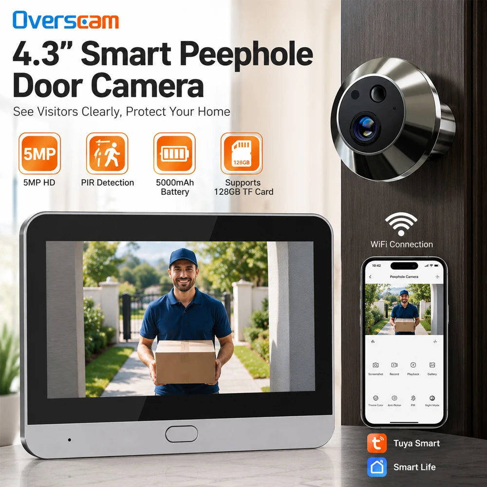 Tuya WiFi peephole doorbell camera with 4.3-inch screen and 5MP FHD resolution, black