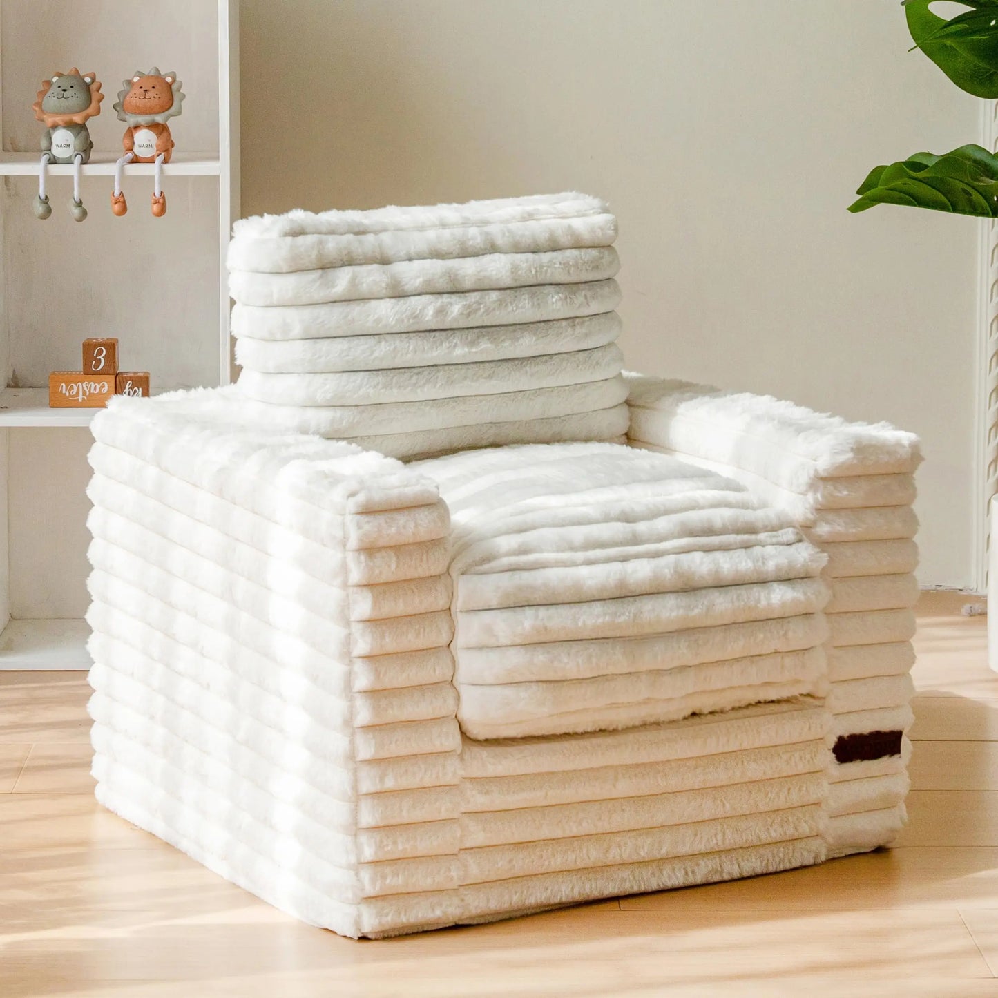 Kids Bean Bag Chair, Comfy Faux Fur Bean Bag Sofa with Filler, Upholstered Floor Sofa with Pillows and Armrests, Lazy Floor Chai
