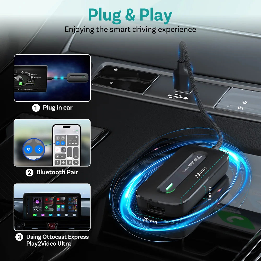 Ottocast New Play2Video Pro Ai Box Wireless CarPlay Android Auto Adapter Built in Youtube Netflix for Car with Wired Carplay