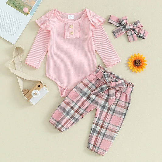 FOCUSNORM 3pcs Infant Baby Girls Fall Clothes Sets 0-18M Solid Color Buttons Long Sleeve Rompers Plaid Print Pants Headband