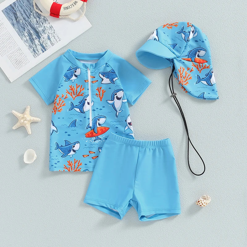 Toddler Baby Boys 3Pcs Swimsuits Rash Guard Beachwear Shark Print Long Sleeve Zip Up Tops+Swim Trunks with Cap Bathing Suit