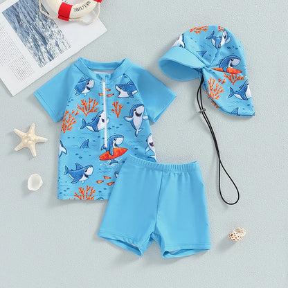 Toddler Baby Boys 3Pcs Swimsuits Rash Guard Beachwear Shark Print Long Sleeve Zip Up Tops+Swim Trunks with Cap Bathing Suit