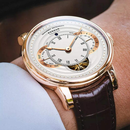 BORMAN Design Luxury Men Automatic Wrist Watch Skeleton Dial Genuine Leather Strap Sapphire Crystal Glass Automatic Watch