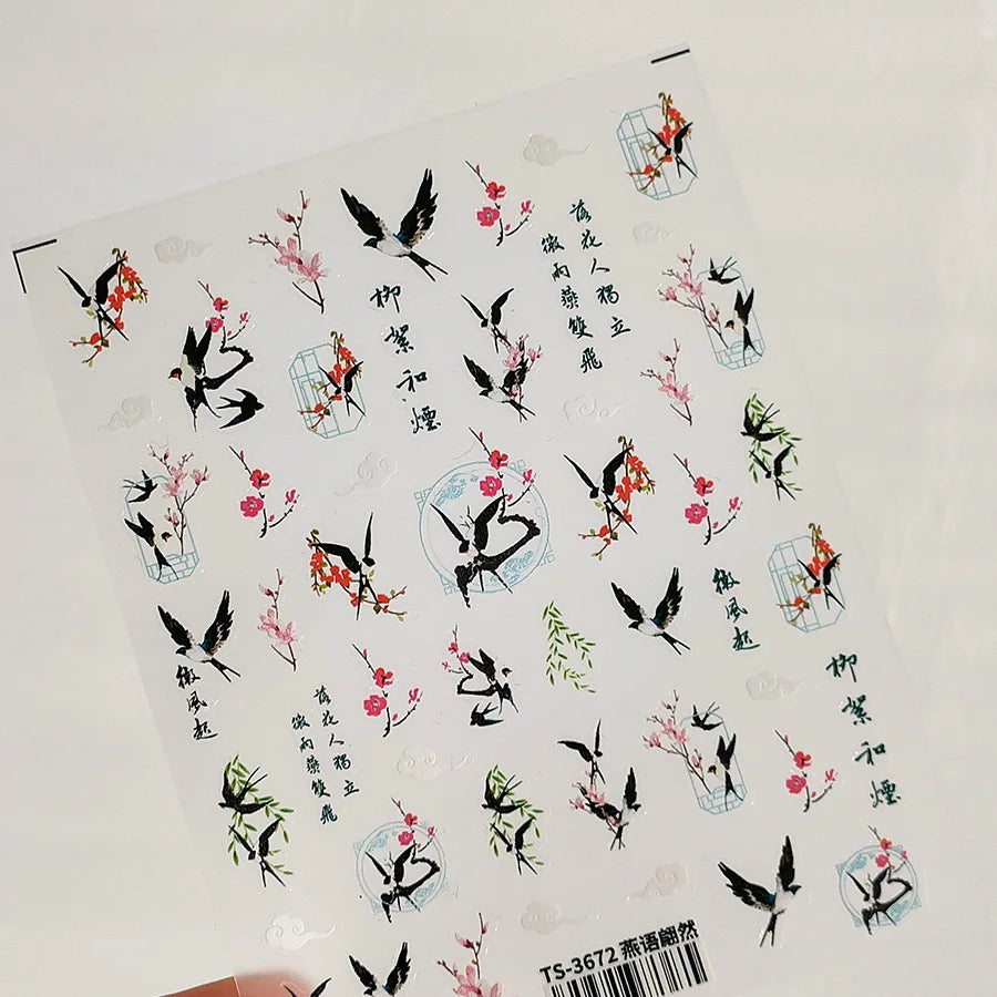 Nail Stickers Women Chinese Style Kite Swallow Bird 5D Decorations Slider Self Adhesive Nail Art Ornament Decals Sccessories DIY