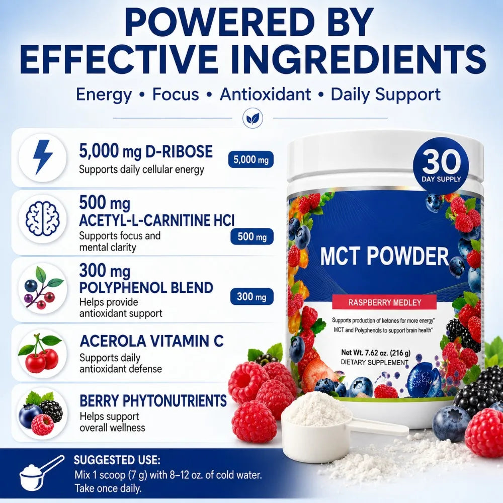 MCT Powder Raspberry Medley Drink Mix, D-Ribose 5000mg, Acetyl-L-Carnitine 500mg, Polyphenol Blend 300mg, 30 Servings 216g