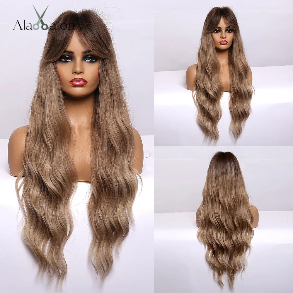 ALAN EATON Long Curly Wavy Synthetic Wigs for Women Brown to Blonde Ombre Hair Wig Ntural Middle Parted Party Wig Heat Resistant