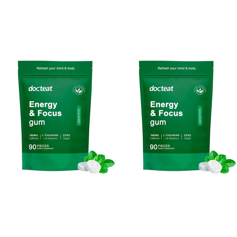 Docteat Energy & Focus Gum Chewable Tablets Zero Sugar with Green Coffee Extract, L-Theanine, Vitamin B6+B12 90 Chewable Tablets