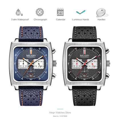 MEGIR Square Dial Chronograph Quartz Watches for Men Fashion Blue Leather Strap Casual Sport Wristwatch with Date 24-hour 2182