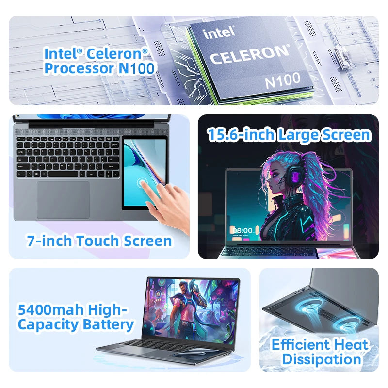15.6"+7" Dual Screen Laptop Intel Celeron N100 32GB 16GB DDR4 RGB Backlit Keyboard Computer Notebook Laptops Touch Screen