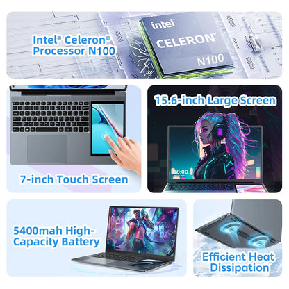 15.6"+7" Dual Screen Laptop Intel Celeron N100 32GB 16GB DDR4 RGB Backlit Keyboard Computer Notebook Laptops Touch Screen