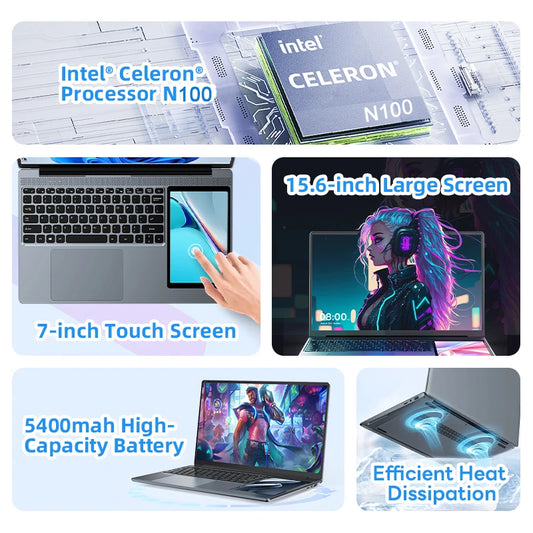 15.6"+7" Dual Screen Laptop Intel Celeron N100 32GB 16GB DDR4 RGB Backlit Keyboard Computer Notebook Laptops Touch Screen
