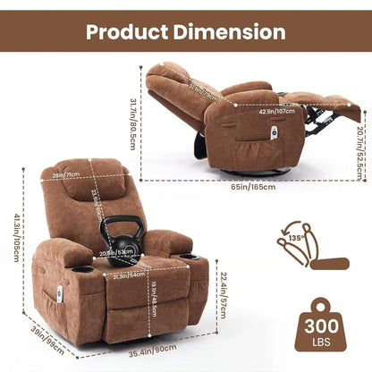 Comfy Recliner Chair with Massage and Heat for Adults,360° Swivel Rock Recliner Single Sofa w/Overstuffed Arms and Back, Custom