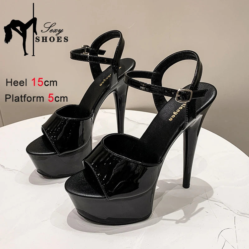 20CM 17 15cm Super High Heeled Nightclub Thin Heels Women's Platform Sandals Ankle Buckle Fashion Pole Dancing Shoes Plus Size