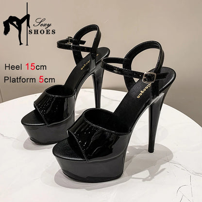 20CM 17 15cm Super High Heeled Nightclub Thin Heels Women's Platform Sandals Ankle Buckle Fashion Pole Dancing Shoes Plus Size
