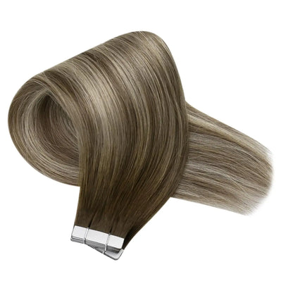 VeSunny Tape in Hair Extensions Human Hair Brown Balayage Cool Brown Fading to Ash Brown with Blonde Long Hair Extensions