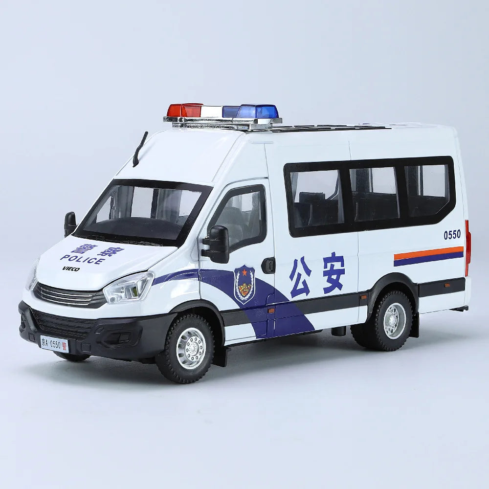 1:24 Scale IVECO Police Alloy Car Diecast Metal Model Sound & Light Pull Back Toy Interior Ornaments Children Toy Gifts Doiplay