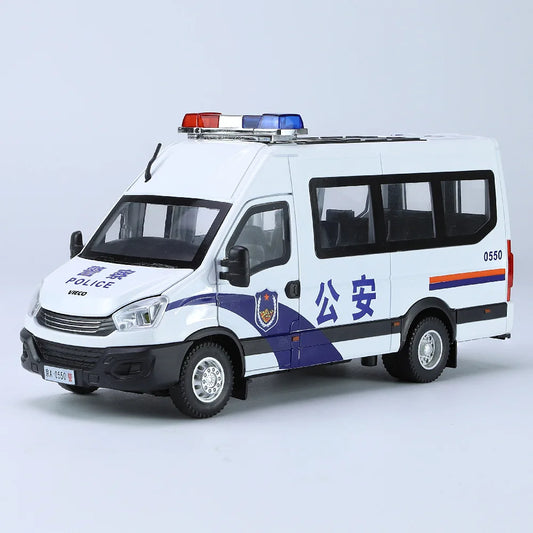 1:24 Scale IVECO Police Alloy Car Diecast Metal Model Sound & Light Pull Back Toy Interior Ornaments Children Toy Gifts Doiplay